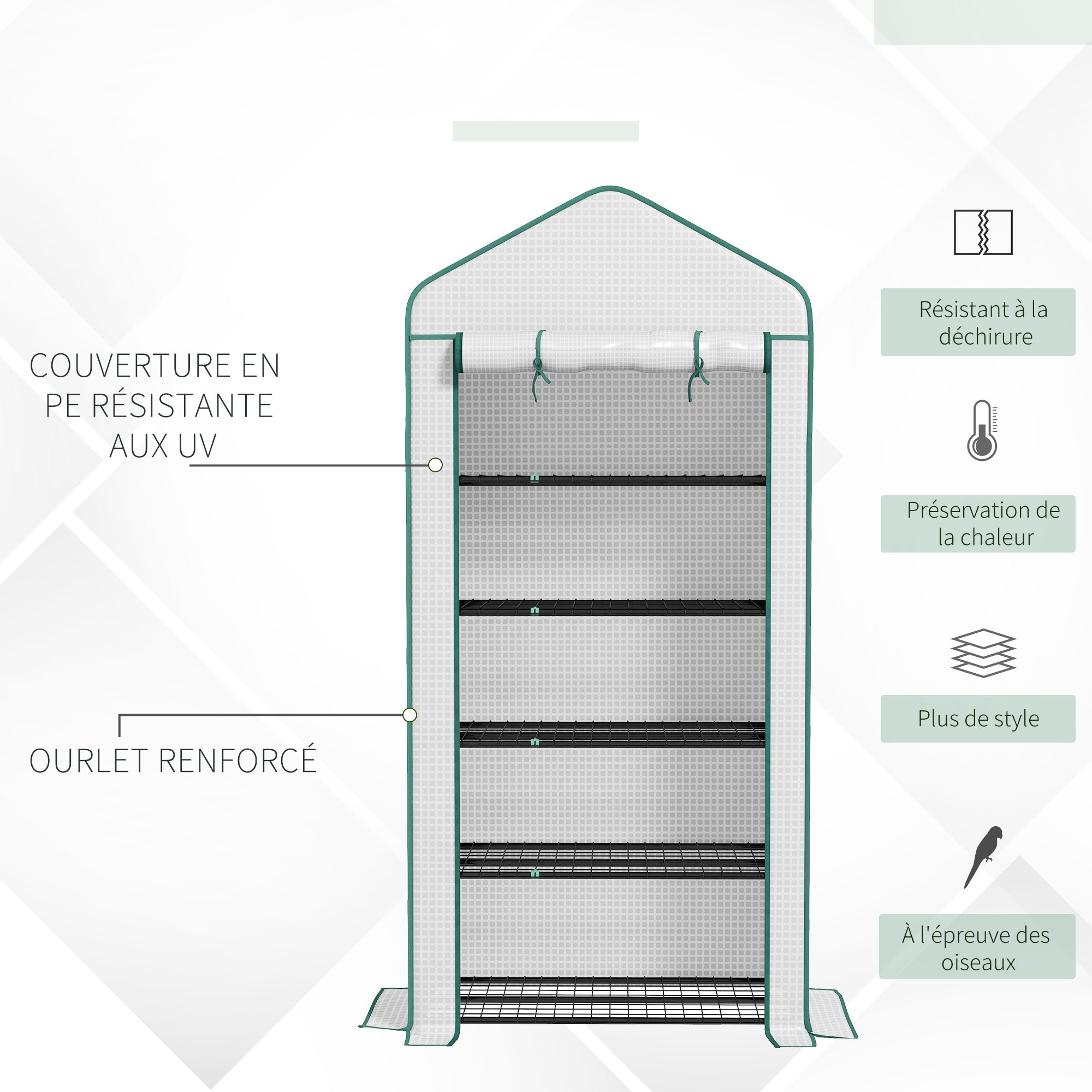 Garden Greenhouse with 5 Shelves, Balcony Greenhouse, Reinforced 135 g/m² Tarpaulin, Steel Frame, Roll-Up Zippered Door, for Vegetables Plants Flowers, 90x49x193cm, White