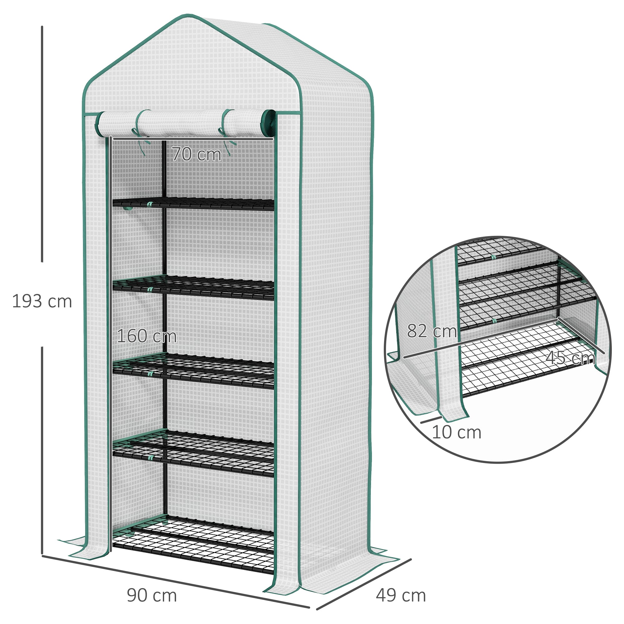 Garden Greenhouse with 5 Shelves, Balcony Greenhouse, Reinforced 135 g/m² Tarpaulin, Steel Frame, Roll-Up Zippered Door, for Vegetables Plants Flowers, 90x49x193cm, White