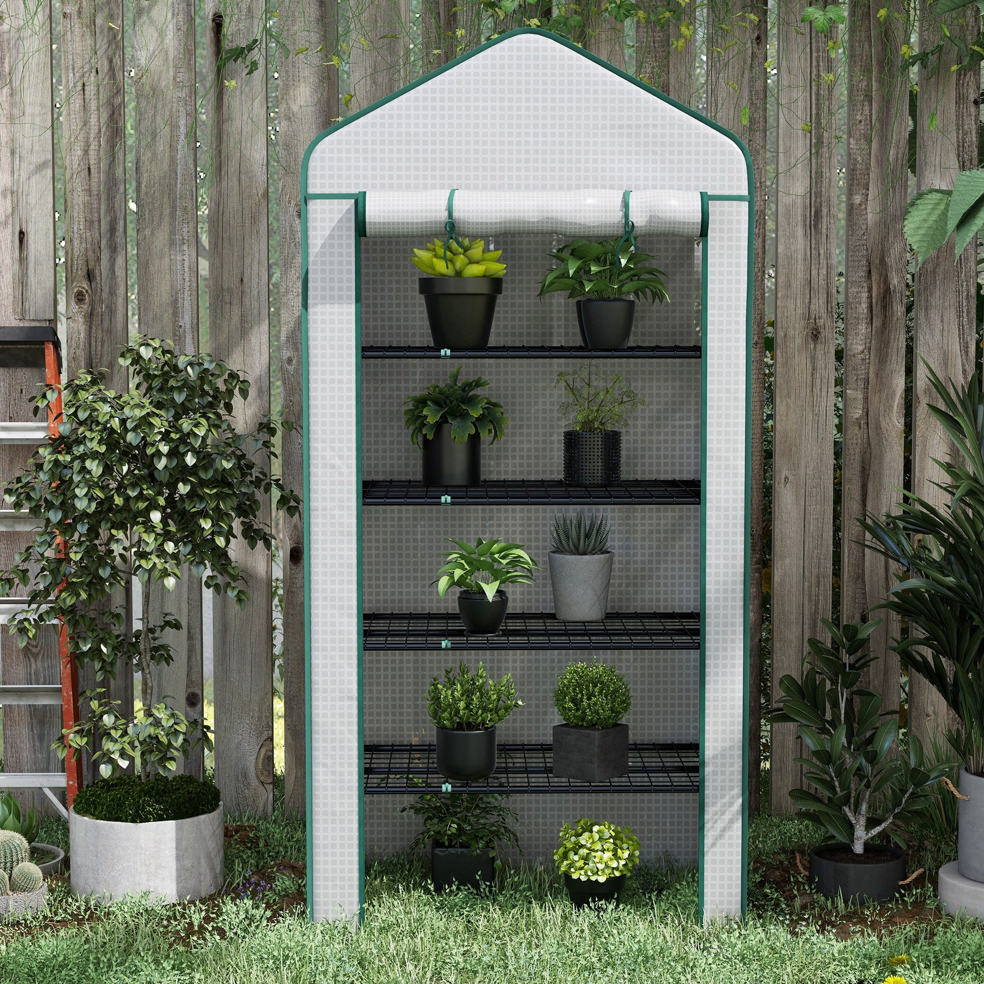 Garden Greenhouse with 5 Shelves, Balcony Greenhouse, Reinforced 135 g/m² Tarpaulin, Steel Frame, Roll-Up Zippered Door, for Vegetables Plants Flowers, 90x49x193cm, White