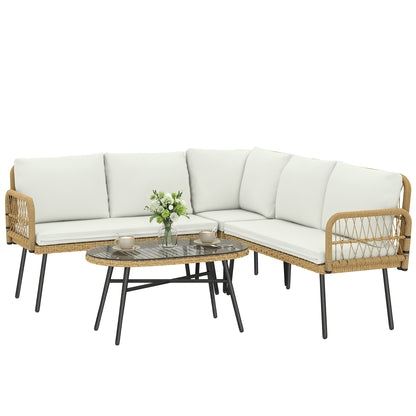 4-Piece PE Rattan Outdoor Lounge Set with Corner Sofa, Two Two-Seaters & Glass Coffee Table, Removable Cushion Covers, Seats up to 5, Cream White