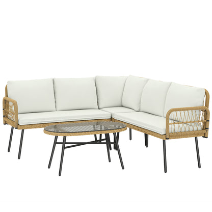 4-Piece PE Rattan Outdoor Lounge Set with Corner Sofa, Two Two-Seaters & Glass Coffee Table, Removable Cushion Covers, Seats up to 5, Cream White