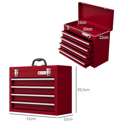 Empty Tool Chest, 51 x 22 x 39.5 cm Tool Box with 4 Drawers, Upper Storage Compartment, Handle, Tool Case with 2 Locks, Made of Steel, Red