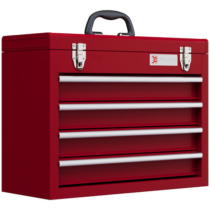 Empty Tool Chest, 51 x 22 x 39.5 cm Tool Box with 4 Drawers, Upper Storage Compartment, Handle, Tool Case with 2 Locks, Made of Steel, Red