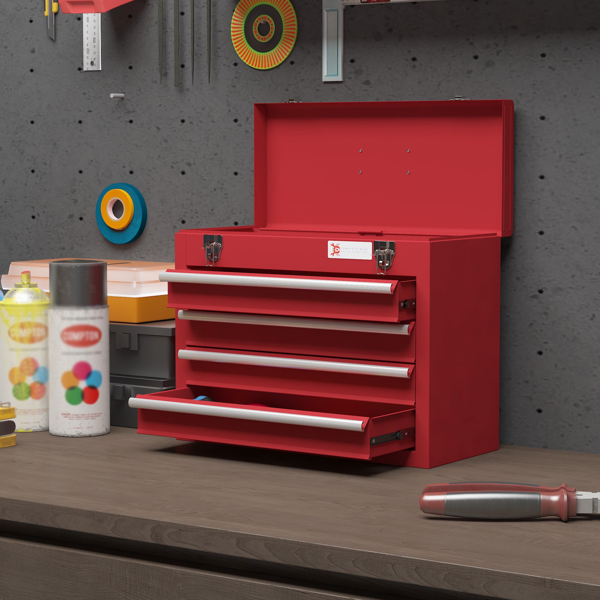 Empty Tool Chest, 51 x 22 x 39.5 cm Tool Box with 4 Drawers, Upper Storage Compartment, Handle, Tool Case with 2 Locks, Made of Steel, Red