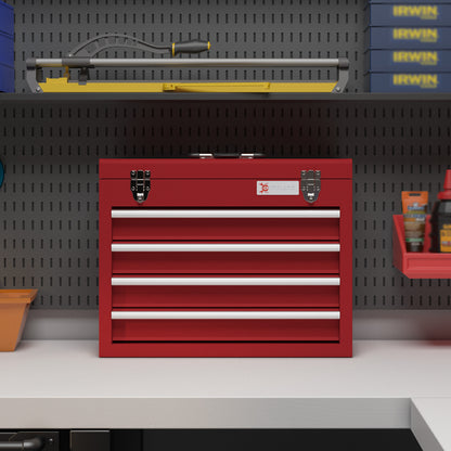 Empty Tool Chest, 51 x 22 x 39.5 cm Tool Box with 4 Drawers, Upper Storage Compartment, Handle, Tool Case with 2 Locks, Made of Steel, Red