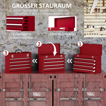 Empty Tool Chest, 51 x 22 x 39.5 cm Tool Box with 4 Drawers, Upper Storage Compartment, Handle, Tool Case with 2 Locks, Made of Steel, Red