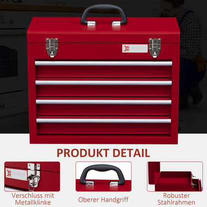 Empty Tool Chest, 51 x 22 x 39.5 cm Tool Box with 4 Drawers, Upper Storage Compartment, Handle, Tool Case with 2 Locks, Made of Steel, Red