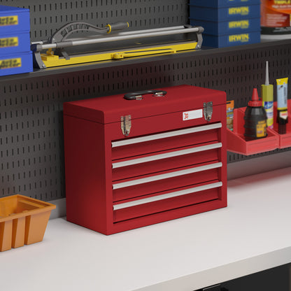 Empty Tool Chest, 51 x 22 x 39.5 cm Tool Box with 4 Drawers, Upper Storage Compartment, Handle, Tool Case with 2 Locks, Made of Steel, Red