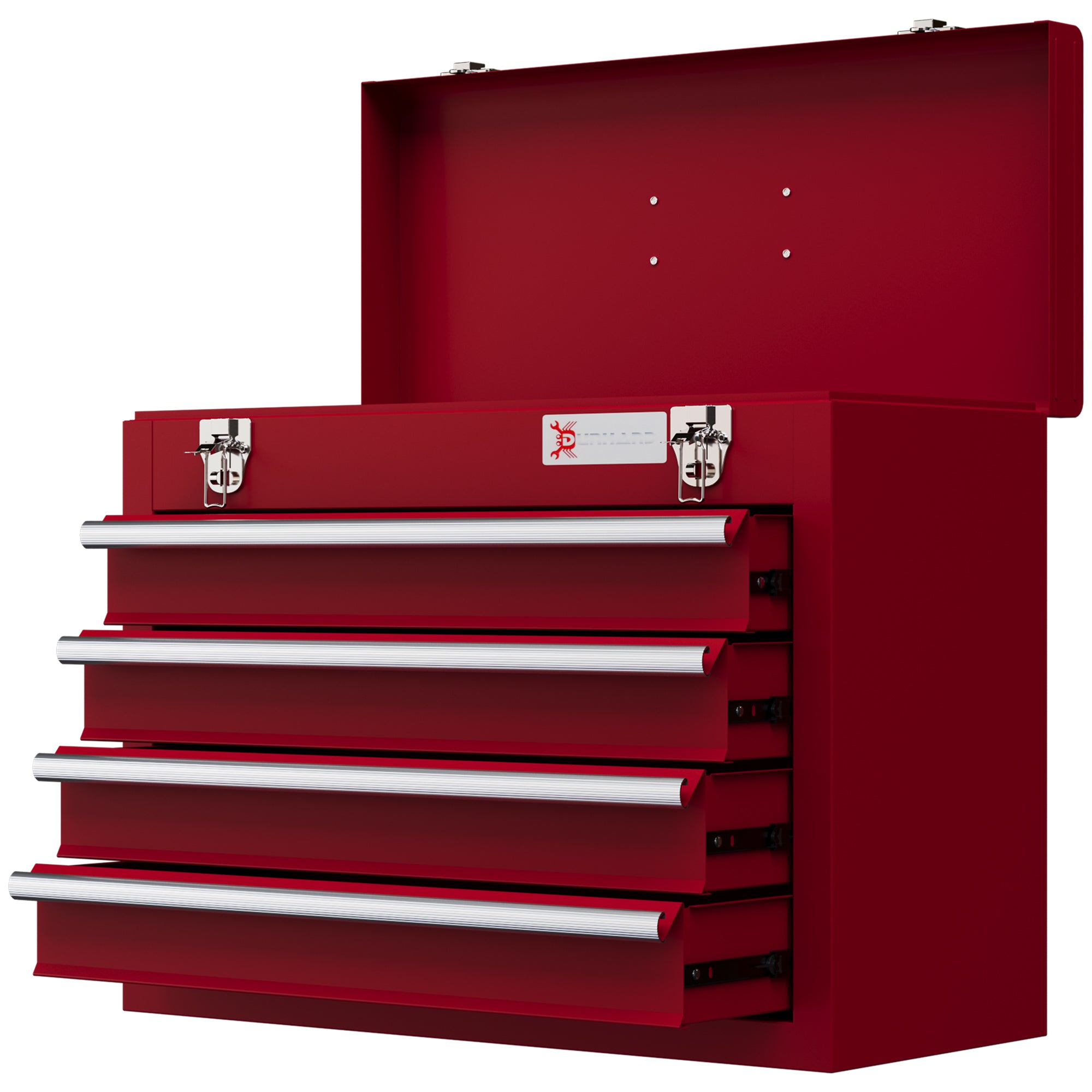 Empty Tool Chest, 51 x 22 x 39.5 cm Tool Box with 4 Drawers, Upper Storage Compartment, Handle, Tool Case with 2 Locks, Made of Steel, Red