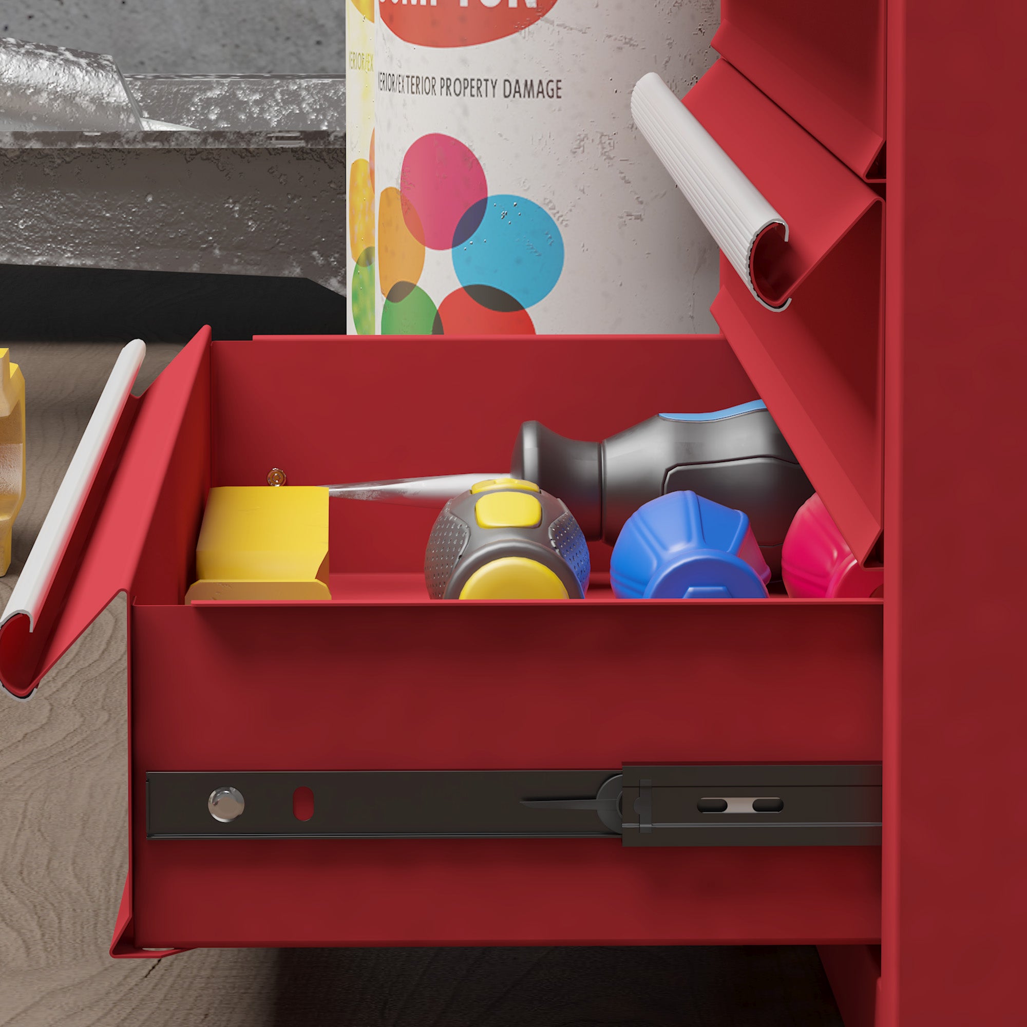 Empty Tool Chest, 51 x 22 x 39.5 cm Tool Box with 4 Drawers, Upper Storage Compartment, Handle, Tool Case with 2 Locks, Made of Steel, Red