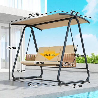 3-Seater Hollywood-Style Garden Swing with Adjustable Canopy, Removable Breathable Seat Cushion, Rattan Arms — UV30+ Protection, 794 lb Capacity, Sand