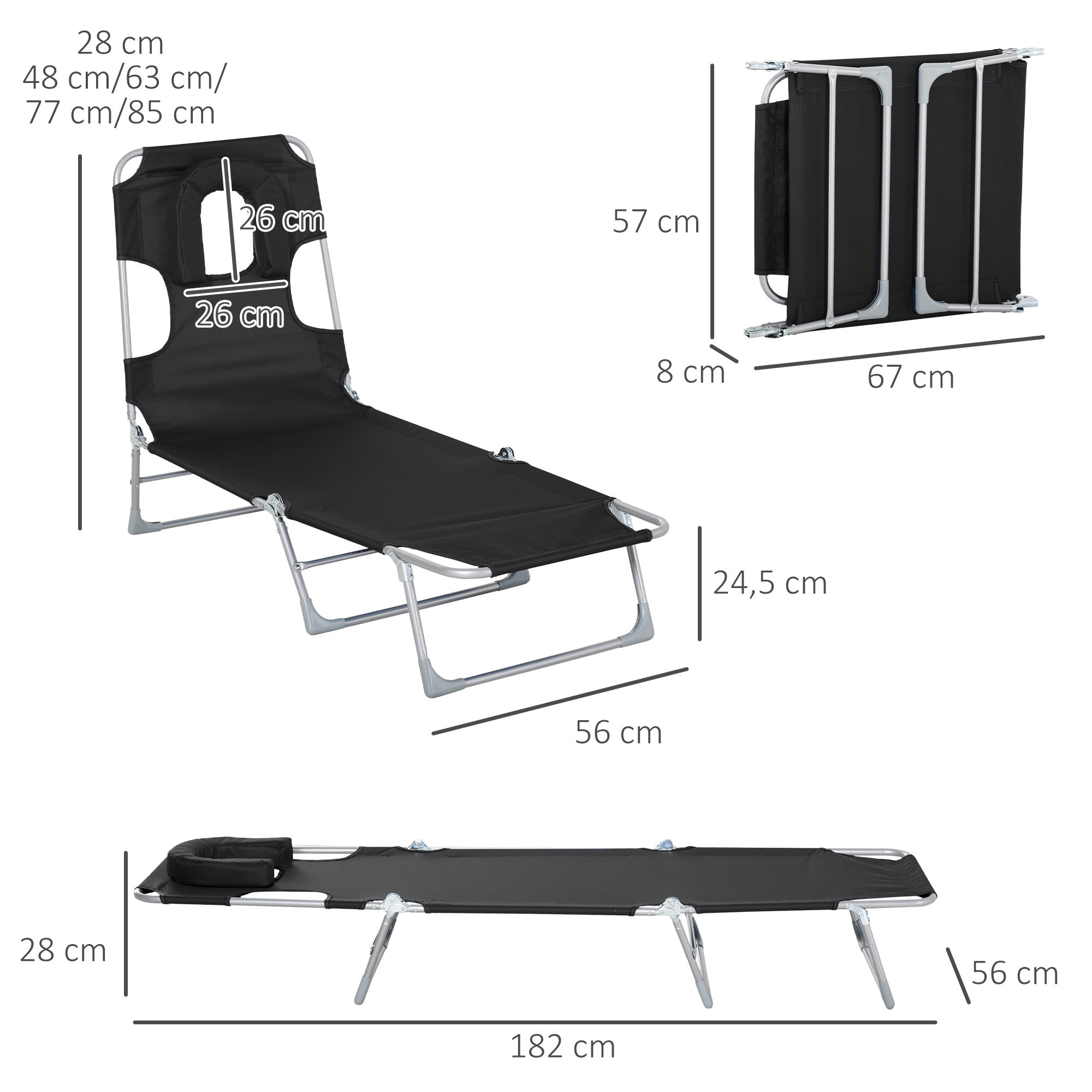Garden Reclining and Folding Lounger with Reading Hole, Headrest, and Adjustable Backrest in 5 Levels for Beach 182x56x28 cm Black