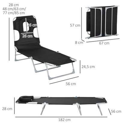 Garden Reclining and Folding Lounger with Reading Hole, Headrest, and Adjustable Backrest in 5 Levels for Beach 182x56x28 cm Black