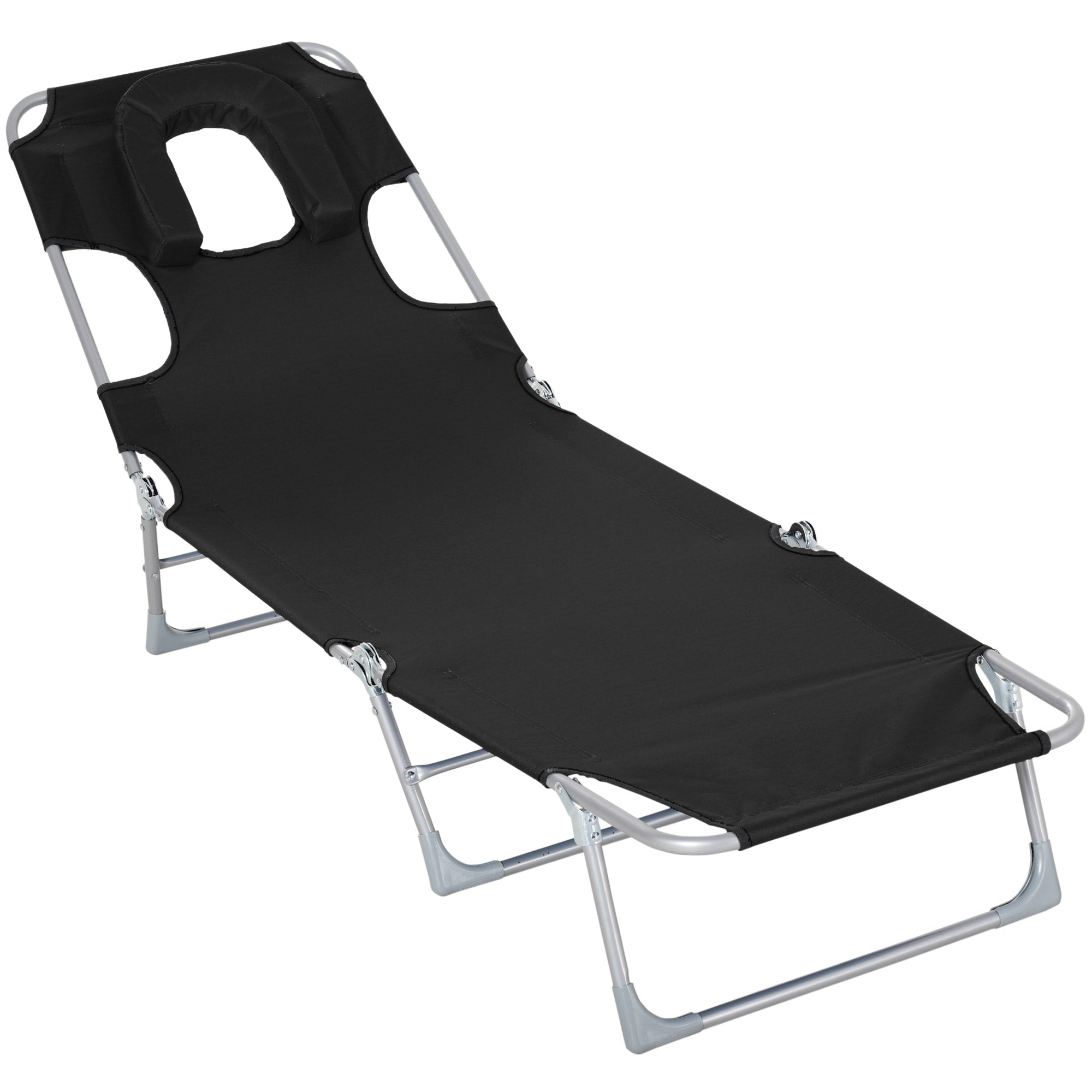 Garden Reclining and Folding Lounger with Reading Hole, Headrest, and Adjustable Backrest in 5 Levels for Beach 182x56x28 cm Black