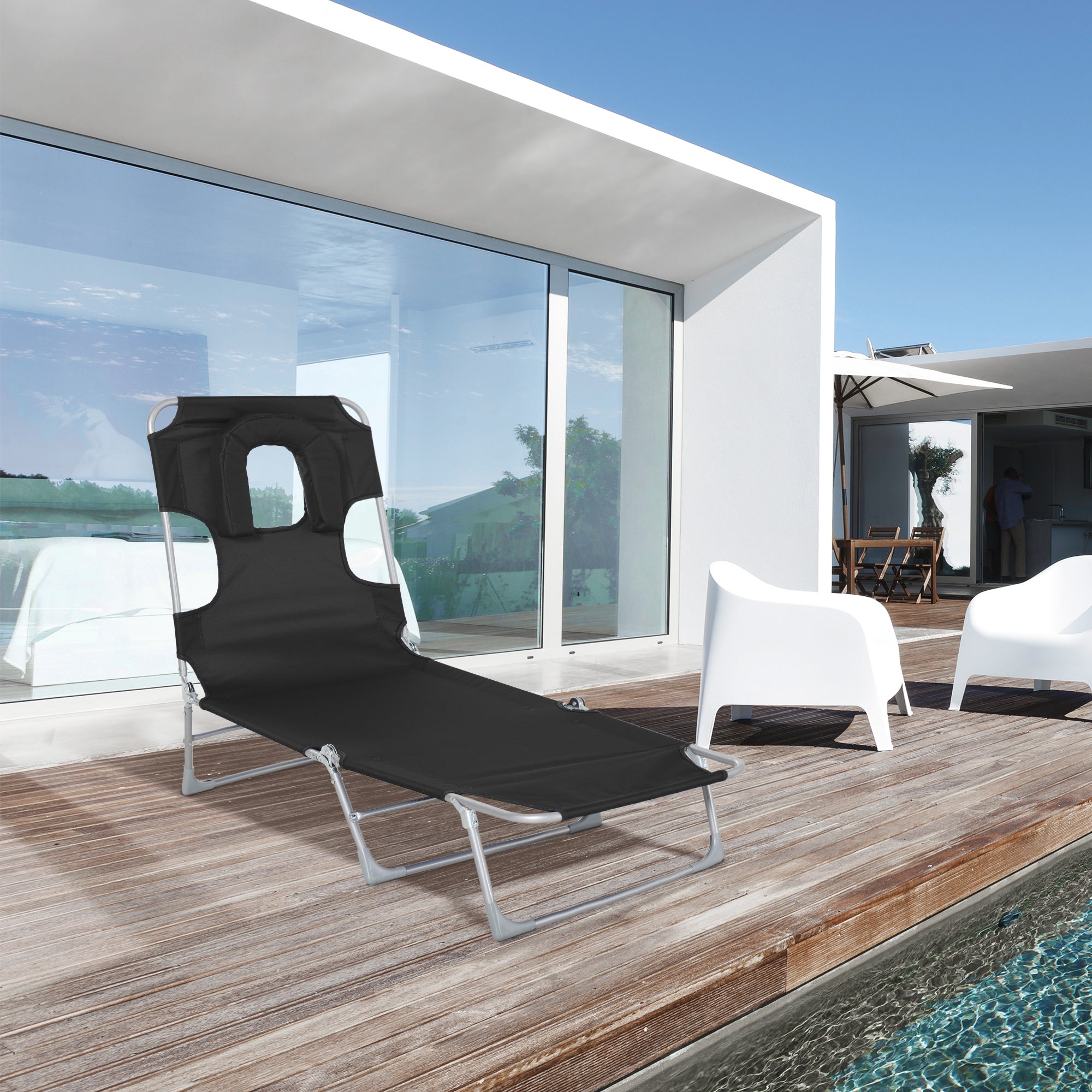 Garden Reclining and Folding Lounger with Reading Hole, Headrest, and Adjustable Backrest in 5 Levels for Beach 182x56x28 cm Black