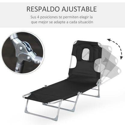 Garden Reclining and Folding Lounger with Reading Hole, Headrest, and Adjustable Backrest in 5 Levels for Beach 182x56x28 cm Black