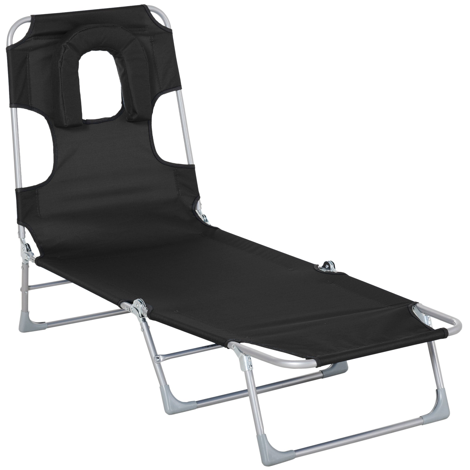 Garden Reclining and Folding Lounger with Reading Hole, Headrest, and Adjustable Backrest in 5 Levels for Beach 182x56x28 cm Black