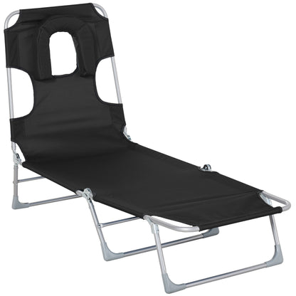Garden Reclining and Folding Lounger with Reading Hole, Headrest, and Adjustable Backrest in 5 Levels for Beach 182x56x28 cm Black