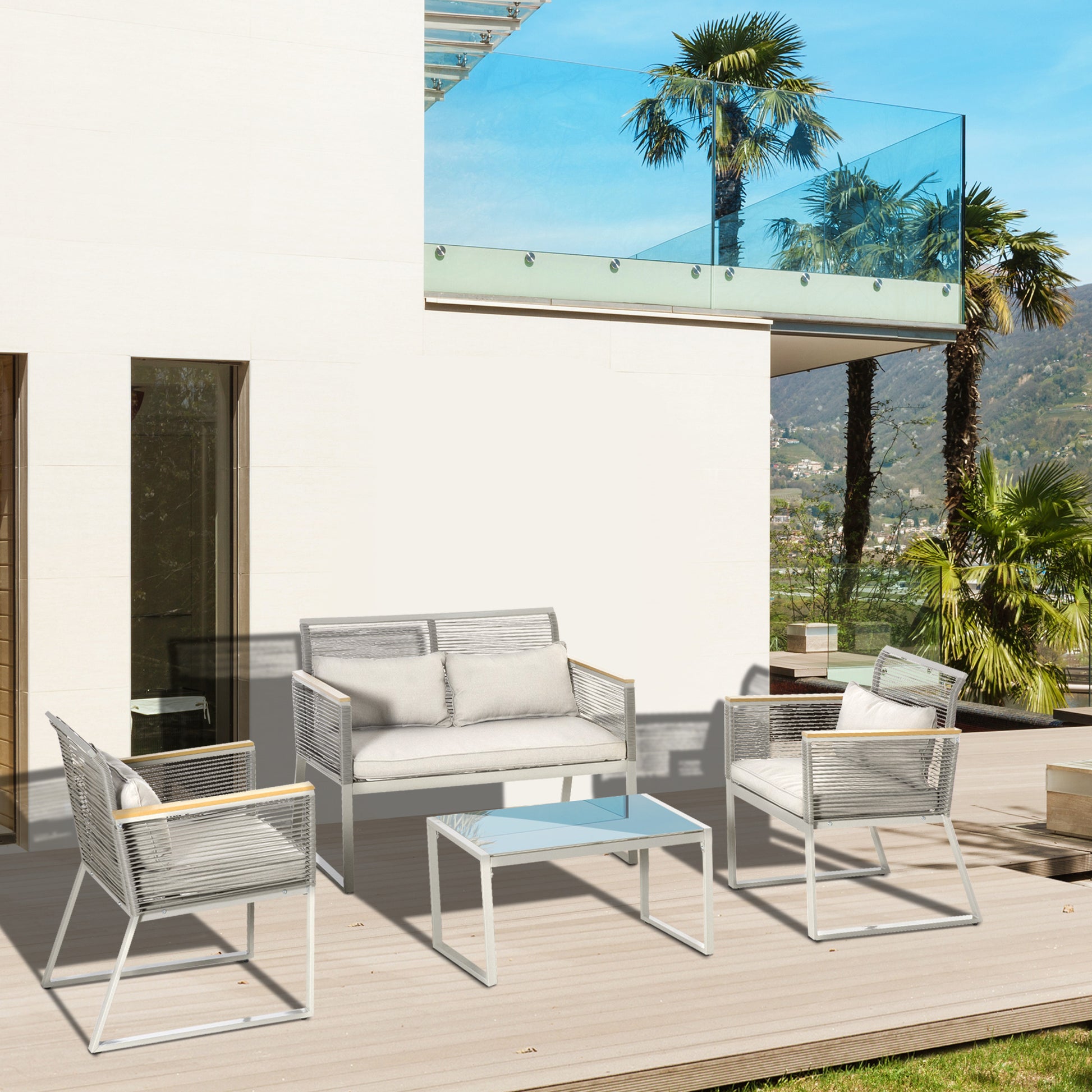4-Piece Rattan Garden Furniture Set Double Sofa 2 Single Armchairs and Glass Coffee Table with Removable Cushions for Outdoor Terrace Gray