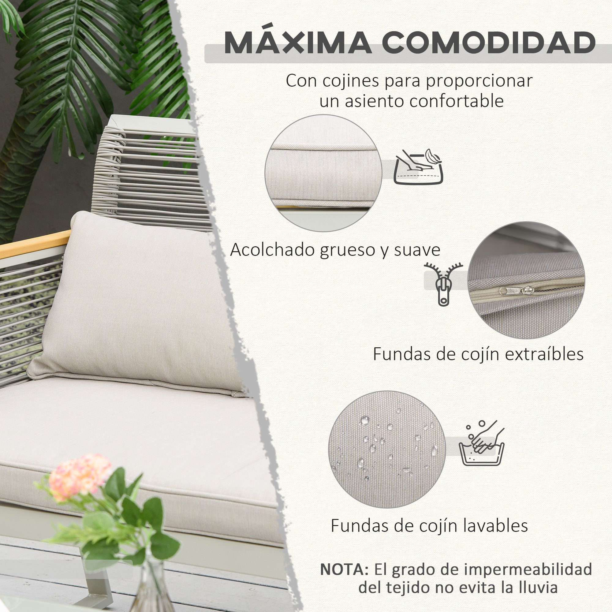 4-Piece Rattan Garden Furniture Set Double Sofa 2 Single Armchairs and Glass Coffee Table with Removable Cushions for Outdoor Terrace Gray