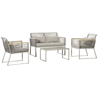 4-Piece Rattan Garden Furniture Set Double Sofa 2 Single Armchairs and Glass Coffee Table with Removable Cushions for Outdoor Terrace Gray