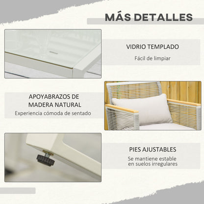 4-Piece Rattan Garden Furniture Set Double Sofa 2 Single Armchairs and Glass Coffee Table with Removable Cushions for Outdoor Terrace Gray