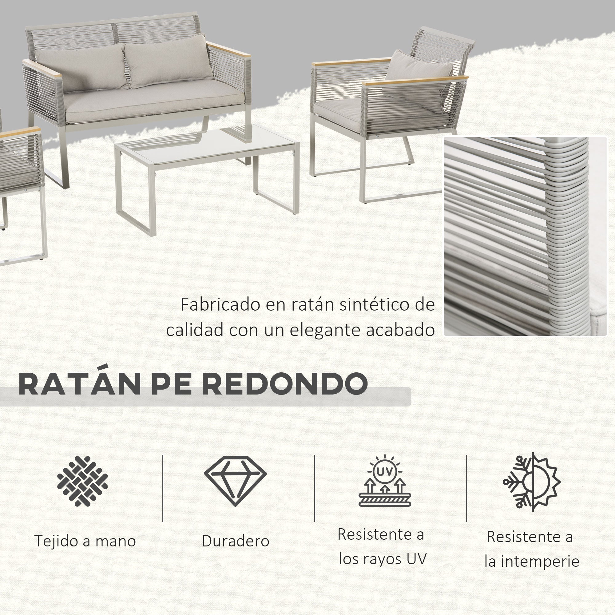 4-Piece Rattan Garden Furniture Set Double Sofa 2 Single Armchairs and Glass Coffee Table with Removable Cushions for Outdoor Terrace Gray