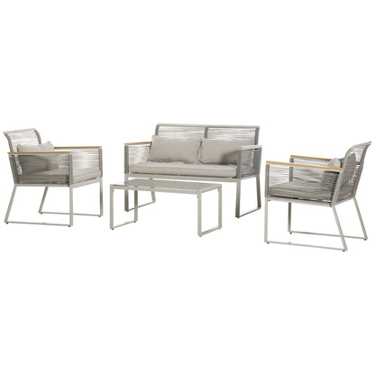 4-Piece Rattan Garden Furniture Set Double Sofa 2 Single Armchairs and Glass Coffee Table with Removable Cushions for Outdoor Terrace Gray
