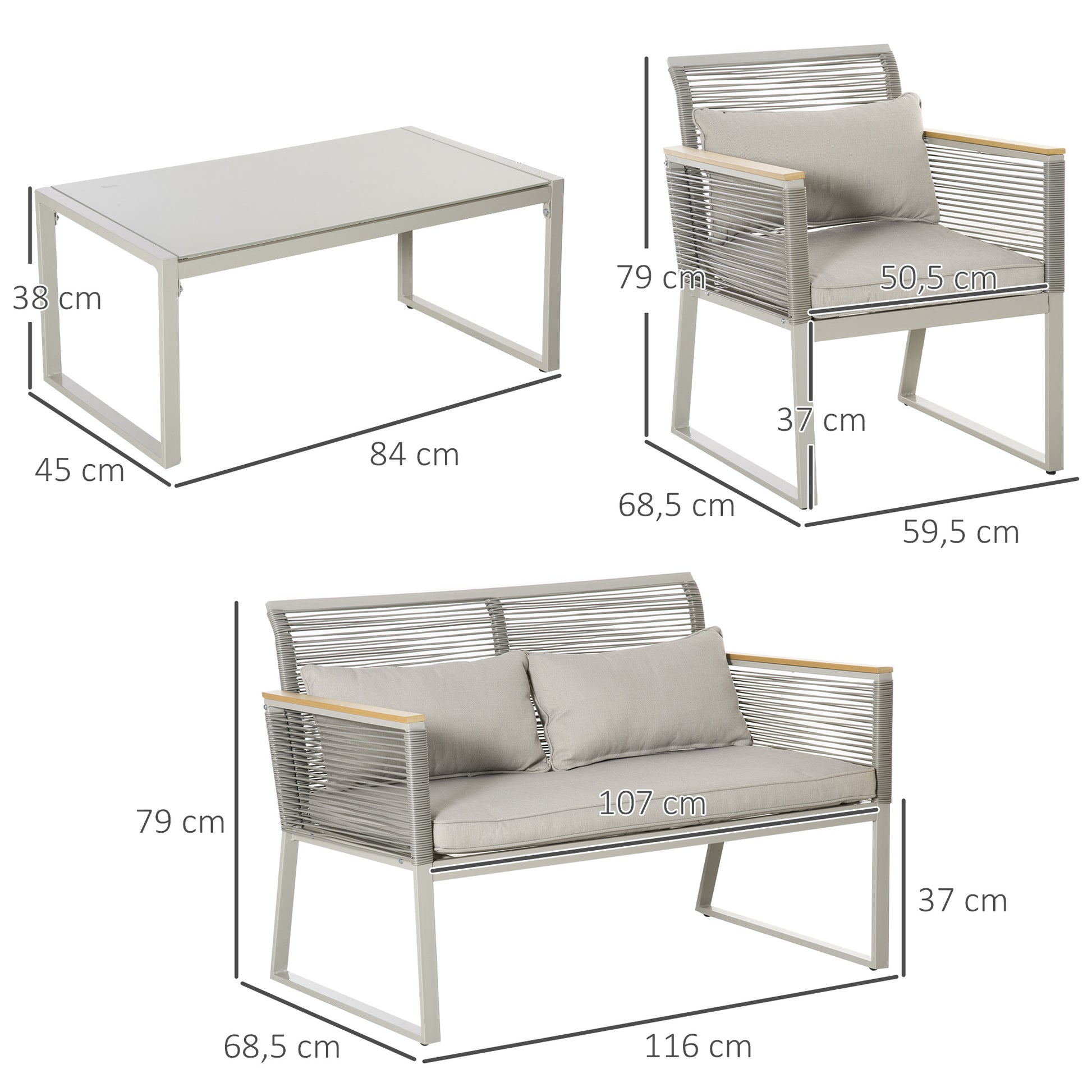 4-Piece Rattan Garden Furniture Set Double Sofa 2 Single Armchairs and Glass Coffee Table with Removable Cushions for Outdoor Terrace Gray