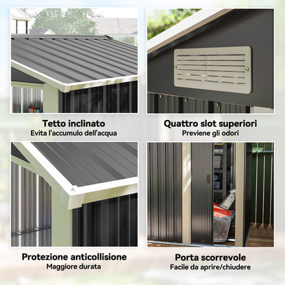 Zinc-Coated Steel Garden Shed, Tool Storage Shed with Sloping Roof and 4 Air Vents, 152x132x188cm, Dark Grey and White