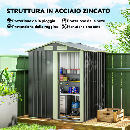 Zinc-Coated Steel Garden Shed, Tool Storage Shed with Sloping Roof and 4 Air Vents, 152x132x188cm, Dark Grey and White