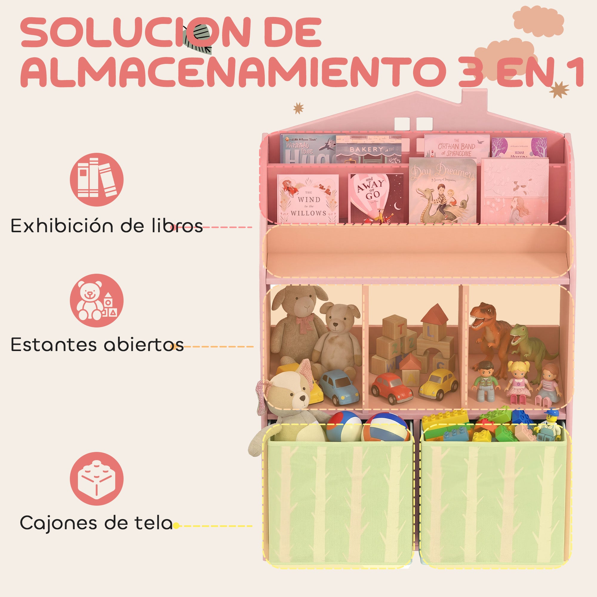 Kids Toy Shelf with Fabric Drawers, Open Shelves & Fox Design — Toy Organizer for Bedroom, Playroom, Nursery, Pink