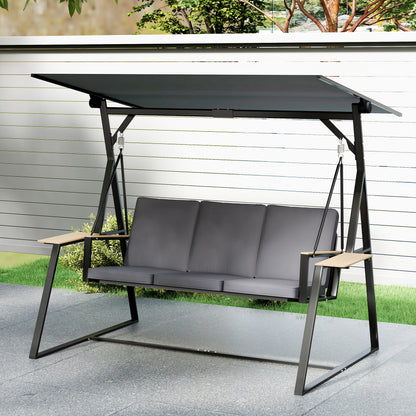 3-Seat Garden Swing with Adjustable UPF50+ Canopy, 2 Side Trays, Cushions & Metal Frame — For Balcony, Patio, Terrace — Holds 360 kg (794 lb), 222 x 131 x 175 cm, Charcoal