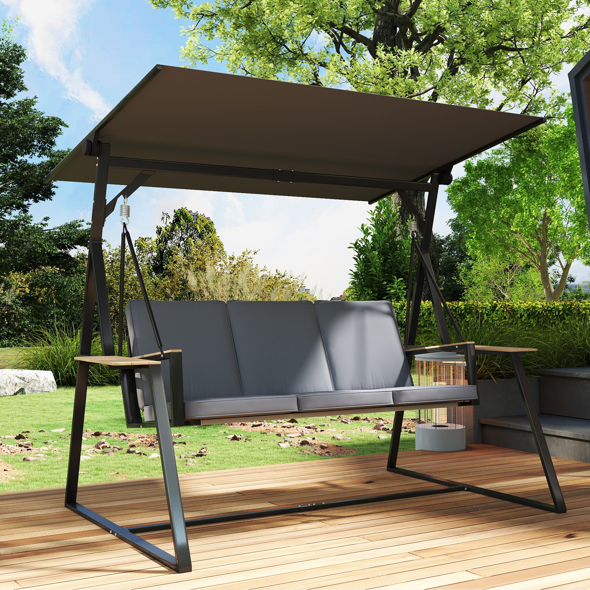 3-Seat Garden Swing with Adjustable UPF50+ Canopy, 2 Side Trays, Cushions & Metal Frame — For Balcony, Patio, Terrace — Holds 360 kg (794 lb), 222 x 131 x 175 cm, Charcoal