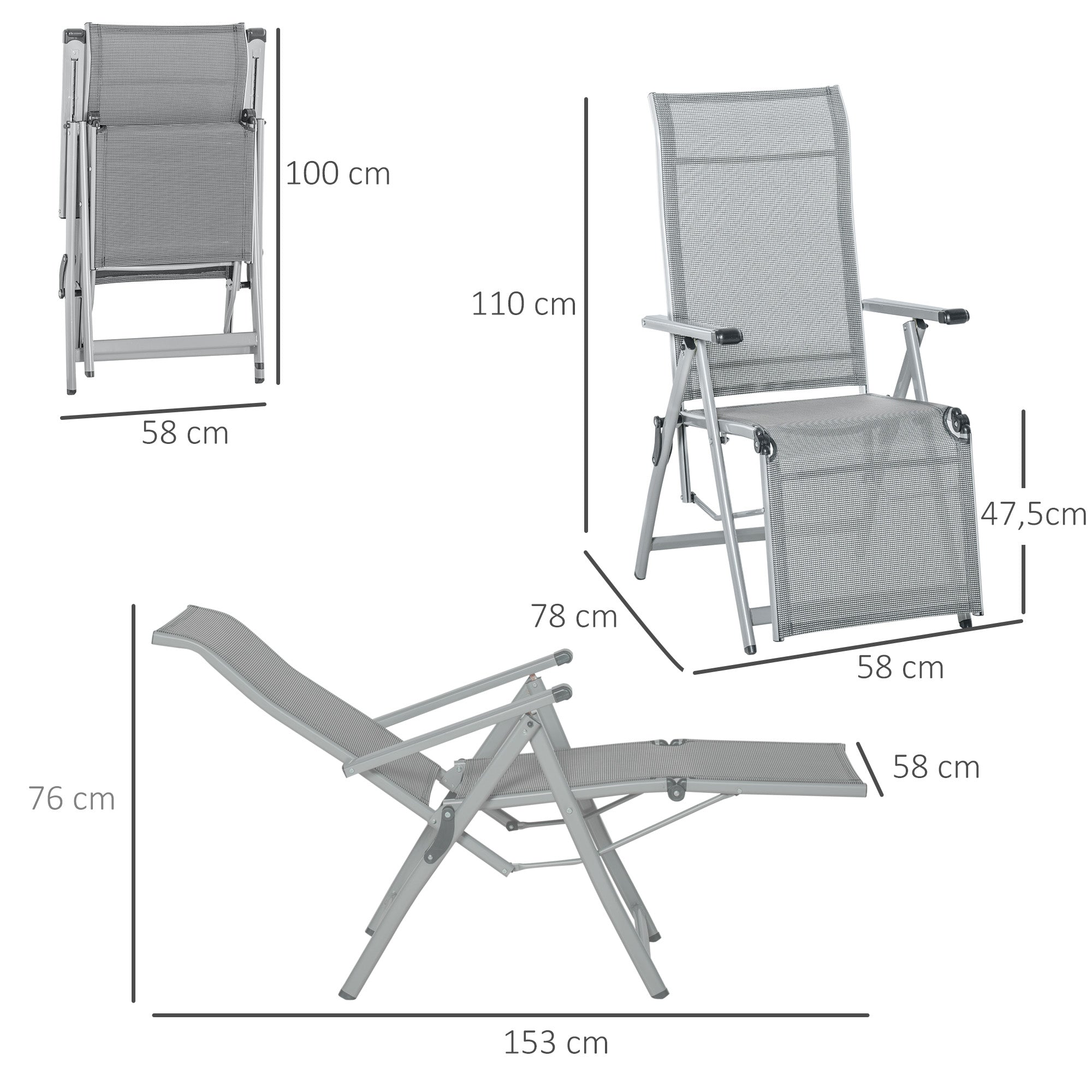 Folding Garden Lounger Chair Beach Seat Adjustable in 10 Positions with High Backrest and Breathable Footrest Max Load 120 kg 78x58x110 cm Gray