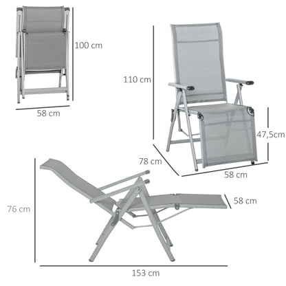 Folding Garden Lounger Chair Beach Seat Adjustable in 10 Positions with High Backrest and Breathable Footrest Max Load 120 kg 78x58x110 cm Gray