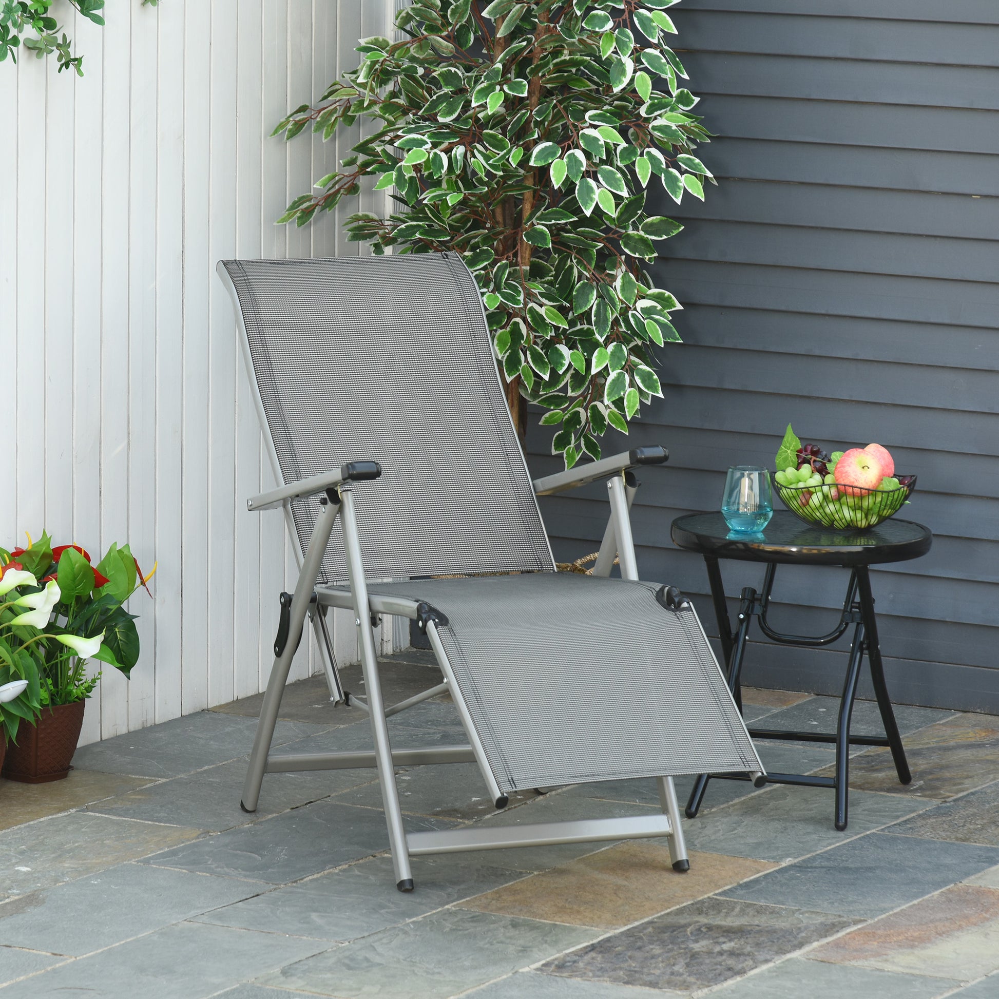 Folding Garden Lounger Chair Beach Seat Adjustable in 10 Positions with High Backrest and Breathable Footrest Max Load 120 kg 78x58x110 cm Gray