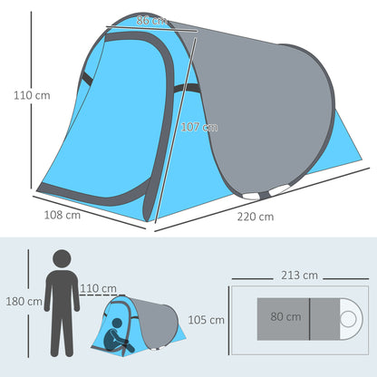Pop-Up Tent for 1-2 People, Camping Tent for 3 Seasons, Polyester, Fiberglass, Blue+Gray, 220 x 108 x 110 cm