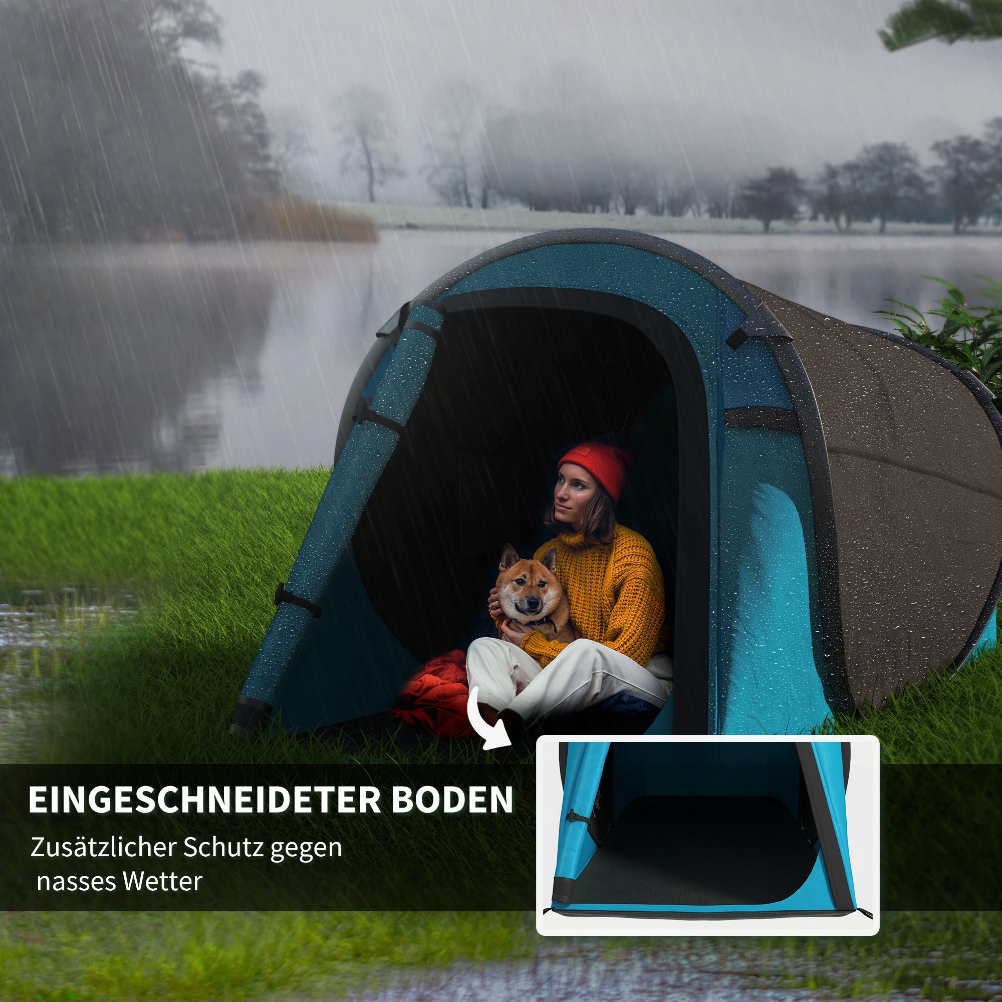 Pop-Up Tent for 1-2 People, Camping Tent for 3 Seasons, Polyester, Fiberglass, Blue+Gray, 220 x 108 x 110 cm