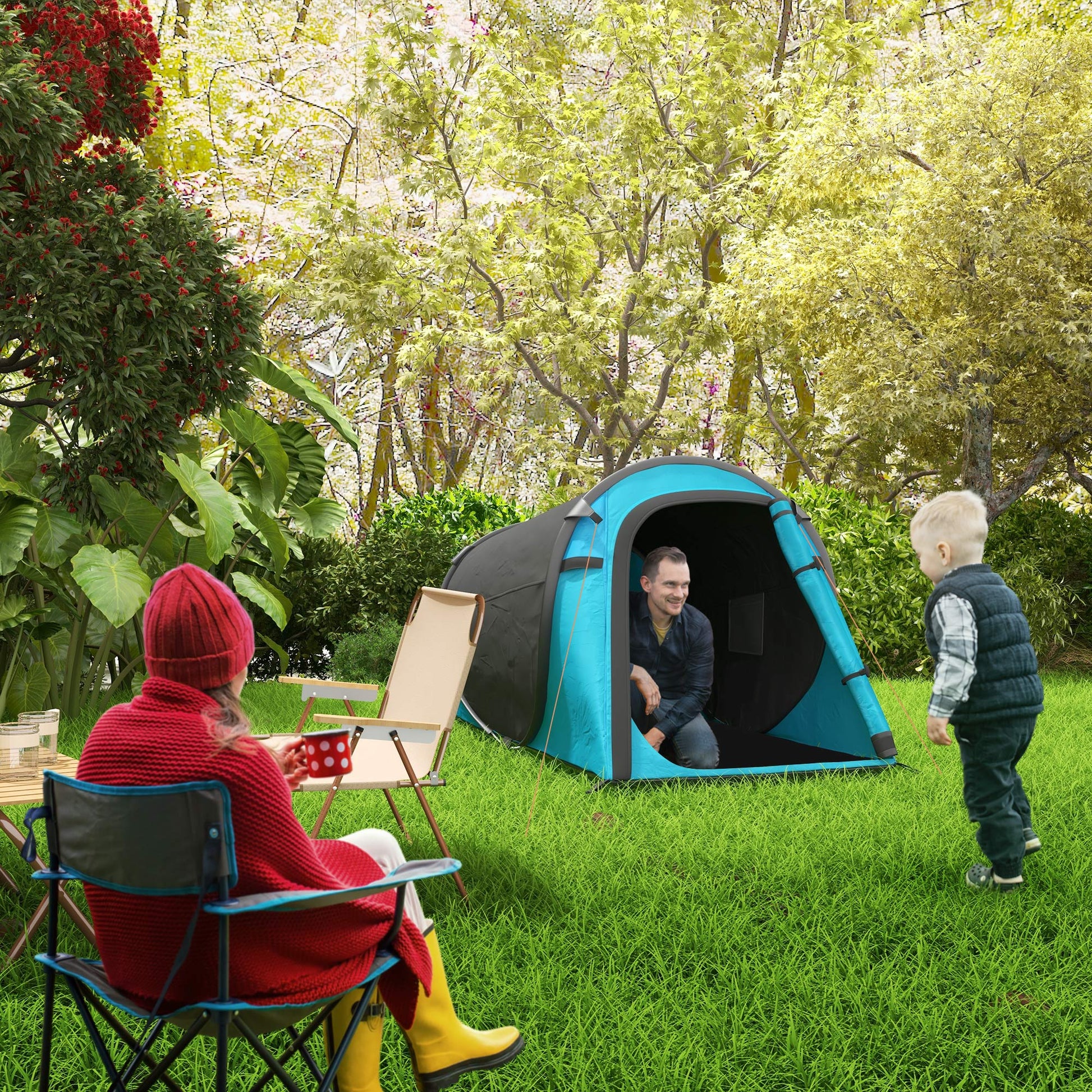 Pop-Up Tent for 1-2 People, Camping Tent for 3 Seasons, Polyester, Fiberglass, Blue+Gray, 220 x 108 x 110 cm