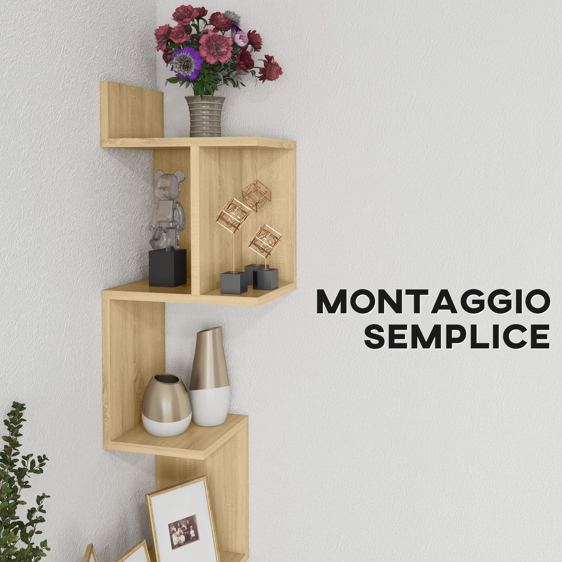 Wall Shelf in MDF with Open Shelves for Living Room and Bedroom, 80x20x128.5 cm, Oak color