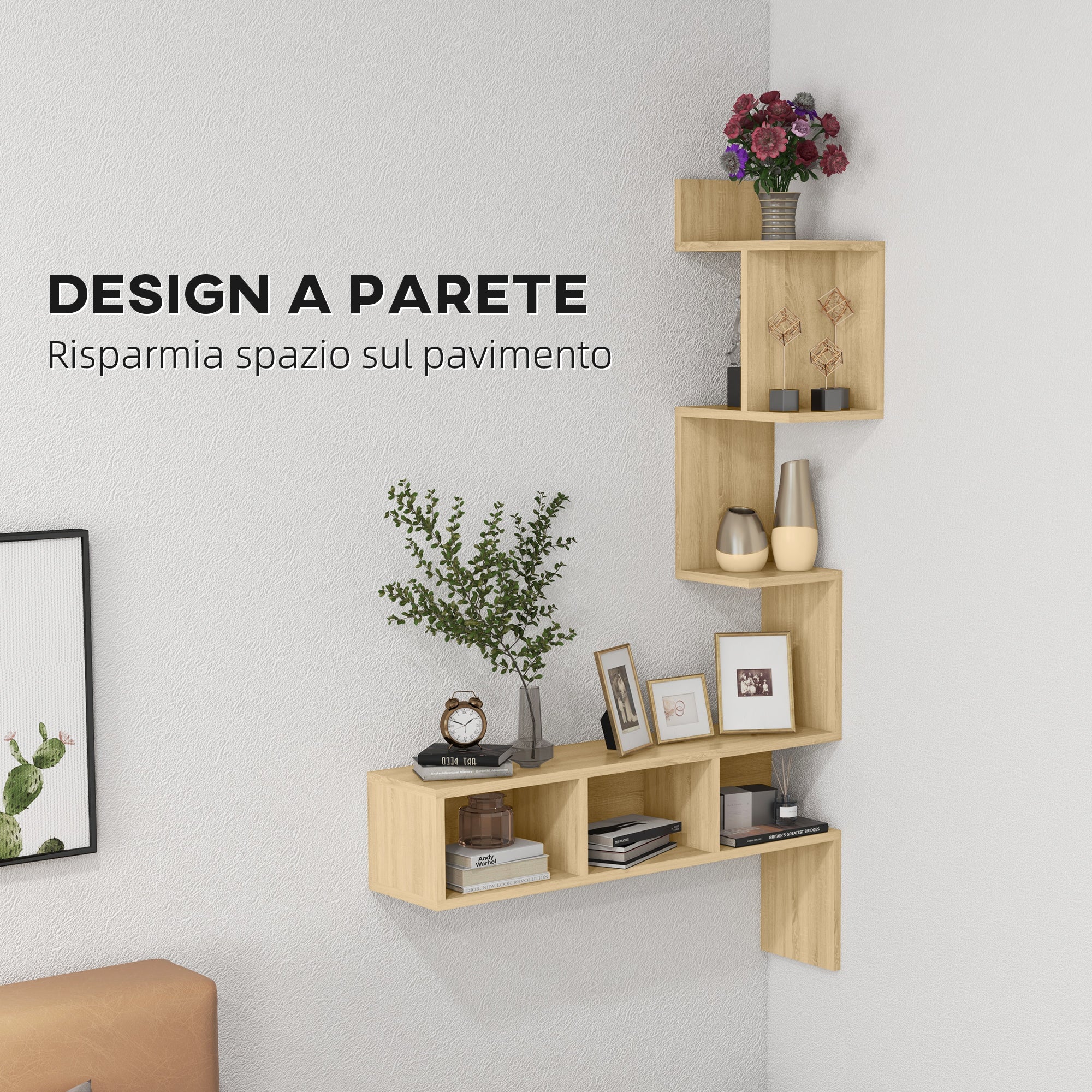 Wall Shelf in MDF with Open Shelves for Living Room and Bedroom, 80x20x128.5 cm, Oak color
