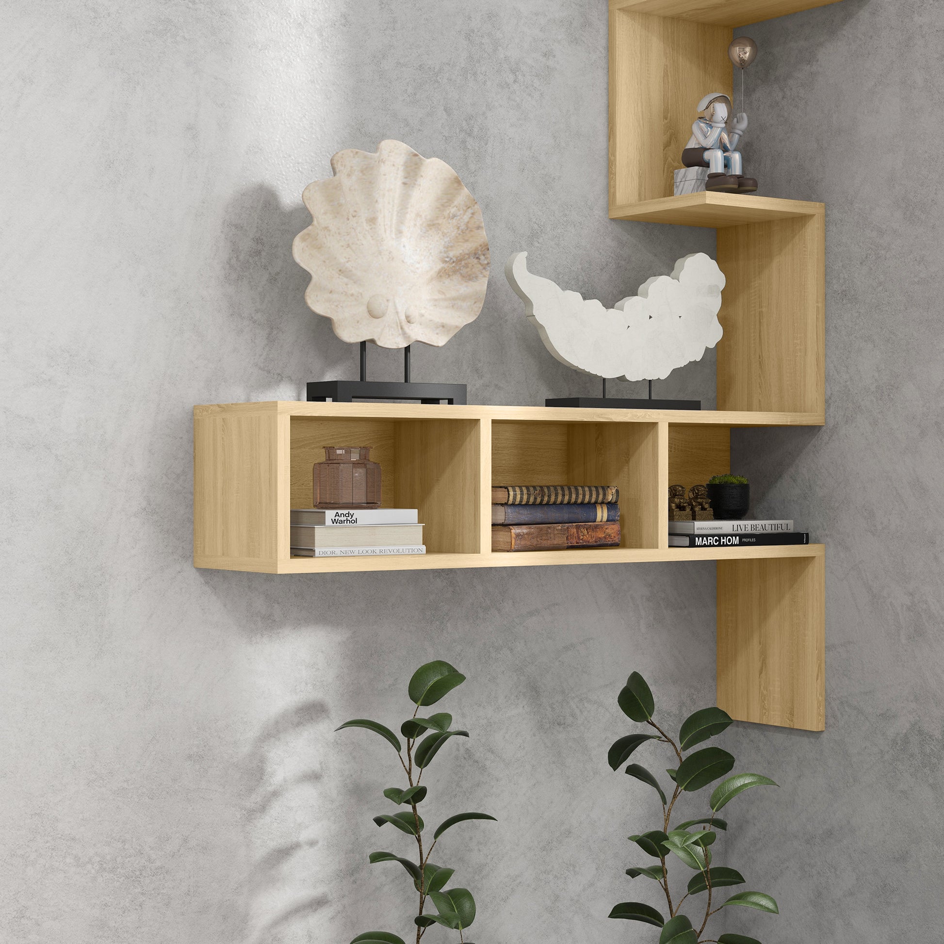 Wall Shelf in MDF with Open Shelves for Living Room and Bedroom, 80x20x128.5 cm, Oak color