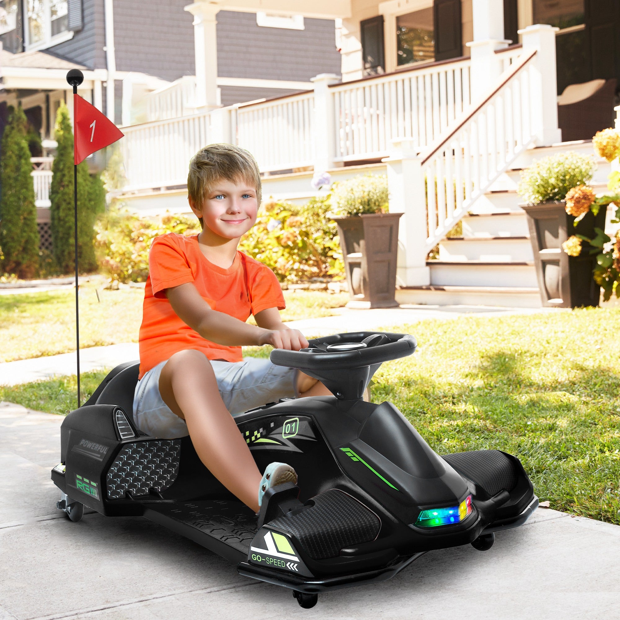 Kids Electric Go-Kart 12V 3-8 km/h Drift Kart with Drift Mode, Slow Start, Go-Kart with Lights Music, Safety Belt Children's Vehicle for 8-12 Years Kids Black