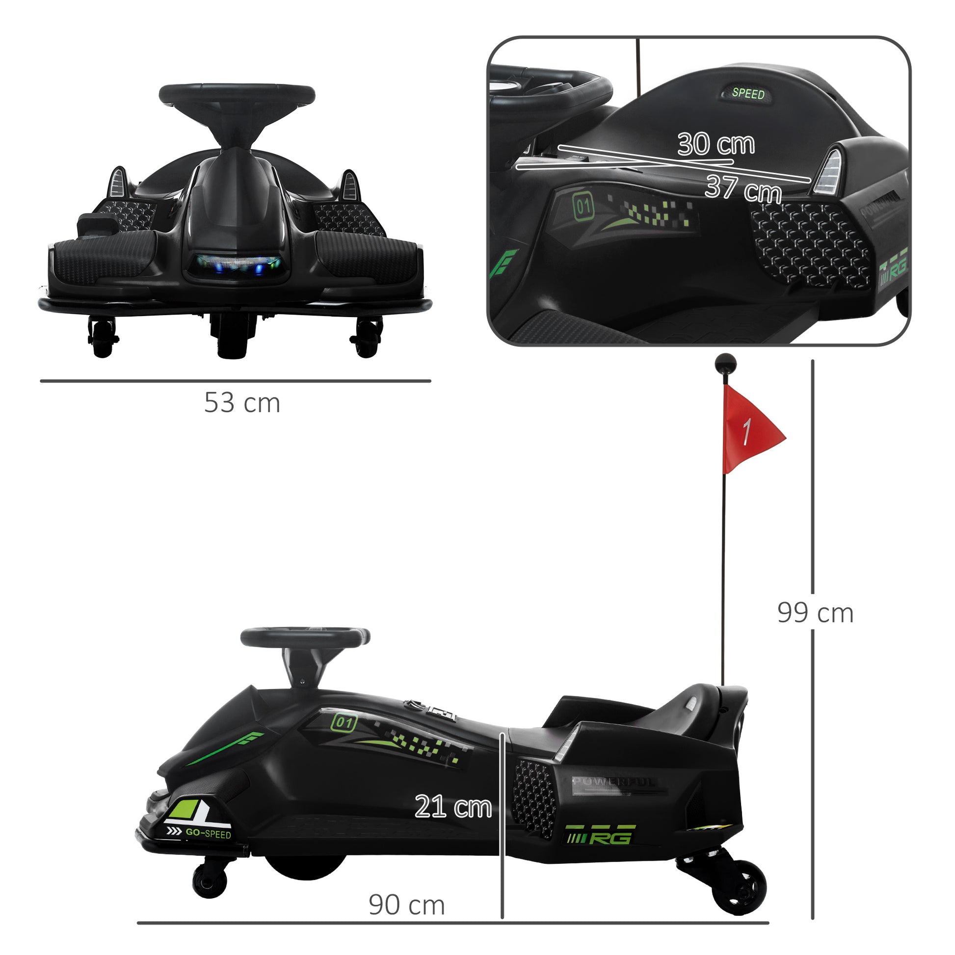 Kids Electric Go-Kart 12V 3-8 km/h Drift Kart with Drift Mode, Slow Start, Go-Kart with Lights Music, Safety Belt Children's Vehicle for 8-12 Years Kids Black
