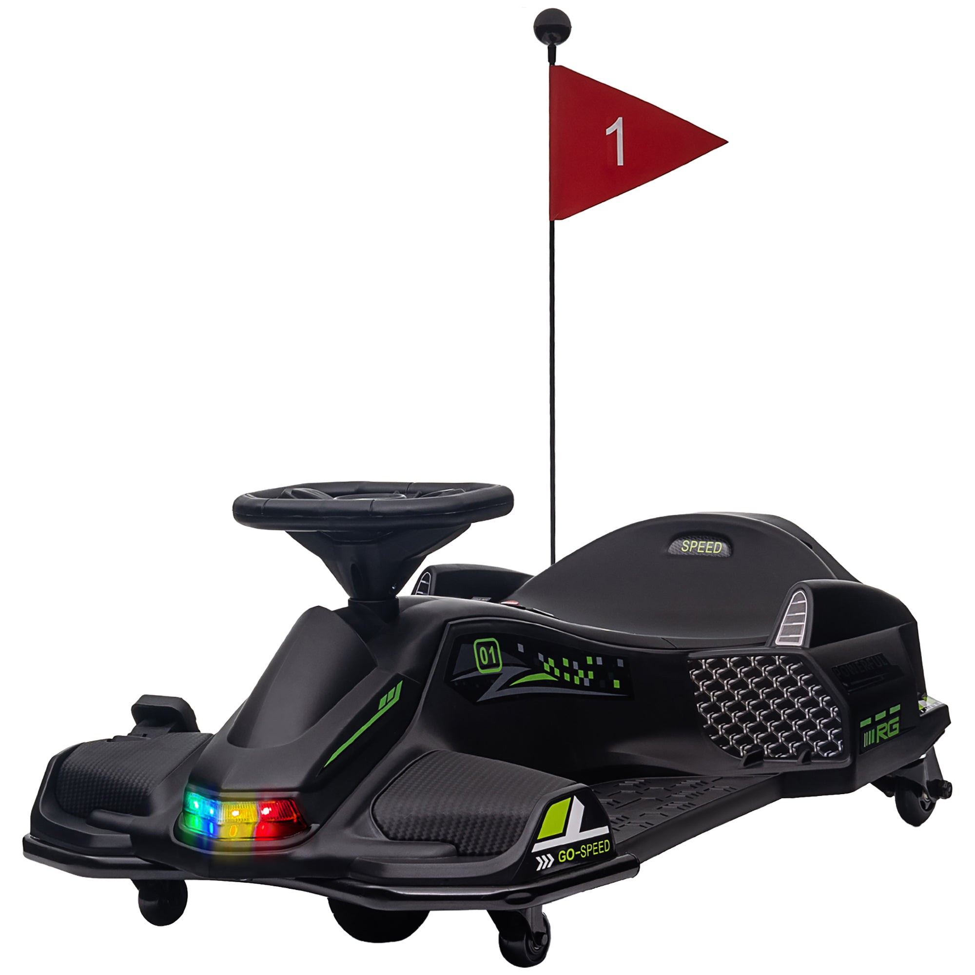 Kids Electric Go-Kart 12V 3-8 km/h Drift Kart with Drift Mode, Slow Start, Go-Kart with Lights Music, Safety Belt Children's Vehicle for 8-12 Years Kids Black