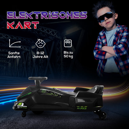 Kids Electric Go-Kart 12V 3-8 km/h Drift Kart with Drift Mode, Slow Start, Go-Kart with Lights Music, Safety Belt Children's Vehicle for 8-12 Years Kids Black