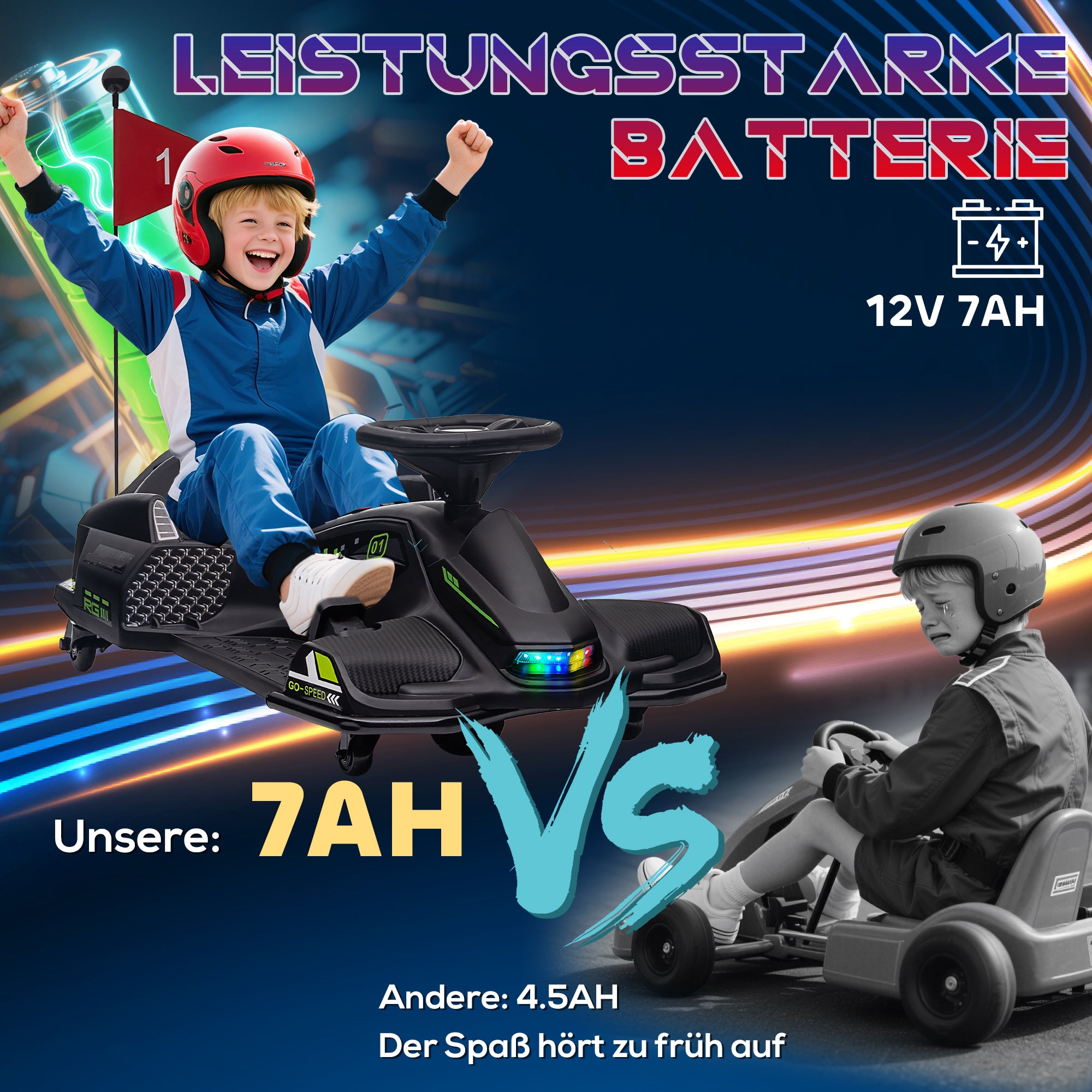 Kids Electric Go-Kart 12V 3-8 km/h Drift Kart with Drift Mode, Slow Start, Go-Kart with Lights Music, Safety Belt Children's Vehicle for 8-12 Years Kids Black