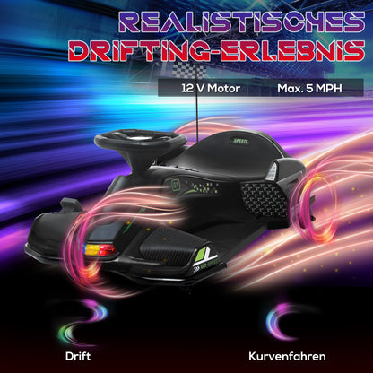 Kids Electric Go-Kart 12V 3-8 km/h Drift Kart with Drift Mode, Slow Start, Go-Kart with Lights Music, Safety Belt Children's Vehicle for 8-12 Years Kids Black