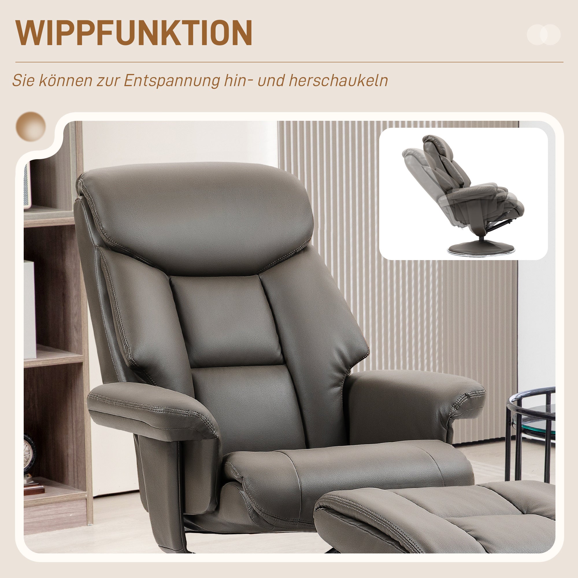 Recliner with Ottoman, TV Armchair with Reclining Function, Rocking Feature, High Backrest for Bedroom, Living Room, Faux Leather, Gray